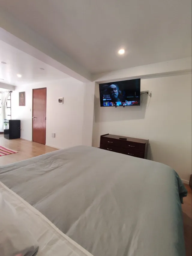 Habitación con cama amplia y televisión